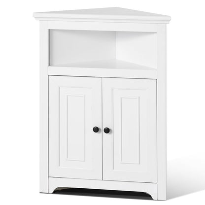 KFFKFF 32" Corner Utility Cabinet, Tri-Level Compact Storage Unit with Dual Wooden Doors & Flexible Shelving, Independent Corner Cabinet for Lounge, Kitchen, Laundry Area, Restroom, in White