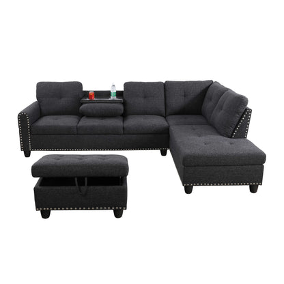 Aukfa 3 Piece Sectional Sofa, Living Room Couch with Storage Ottoman&Cup Holder, Linen, Right Hand, Purple