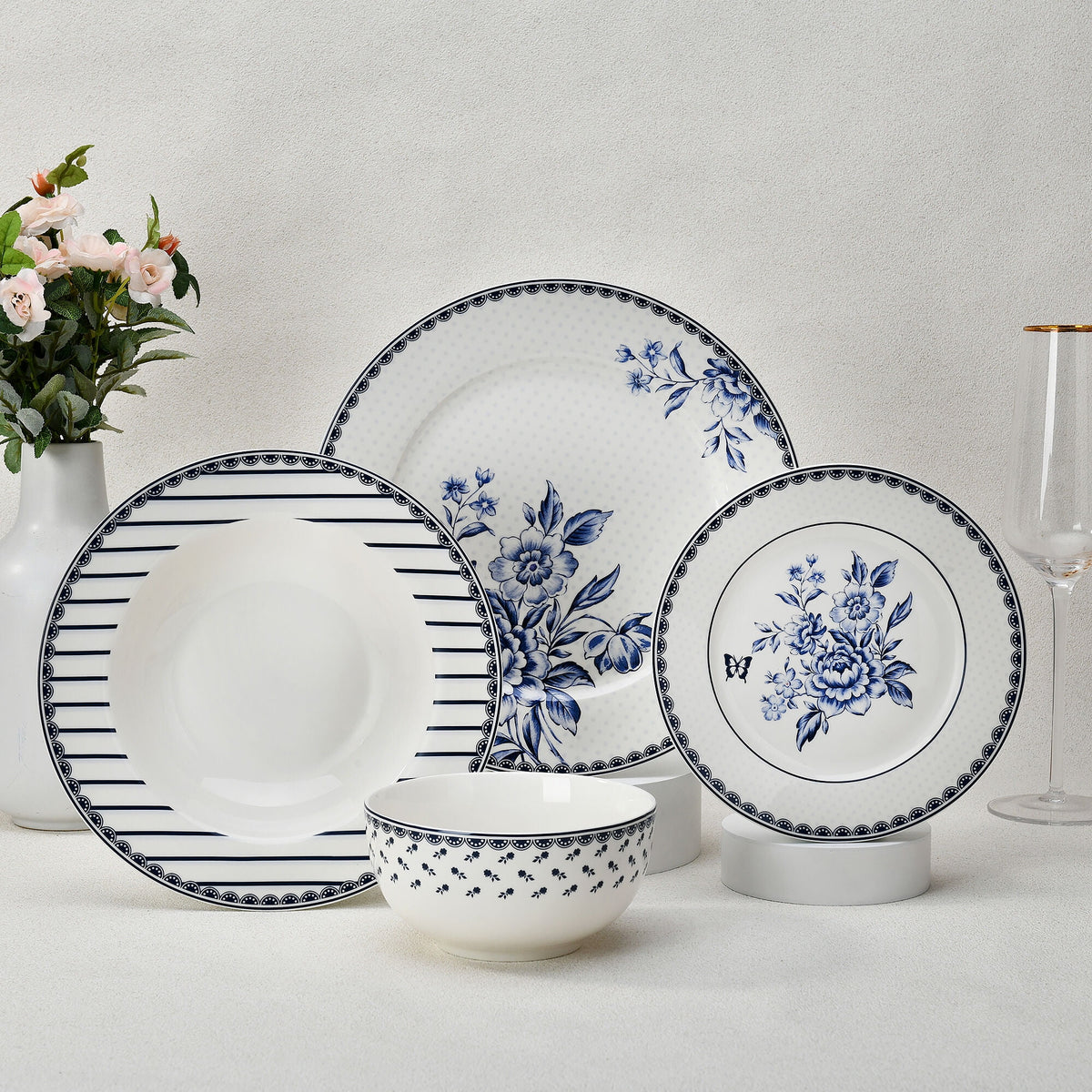 STP GOODS Melodie de Fleurs Bone China Dinnerware Set of 24 Service for 6 24-Piece Dish Set of Plates and Bowls, Blue Gold White