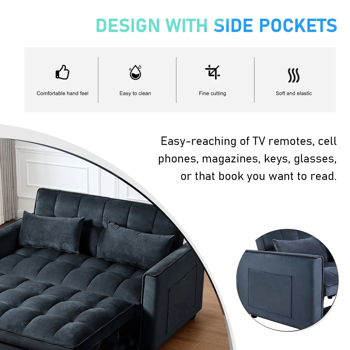 3 in 1 Convertible Sleeper Sofa Bed, Futon Couches for Living Room with Side Pocket | Adjustable Backrest| Velvet Fabric | Pull Out Couch | Love-seat sofa| Sectional Sofa Bed| 2-seat sofa bed