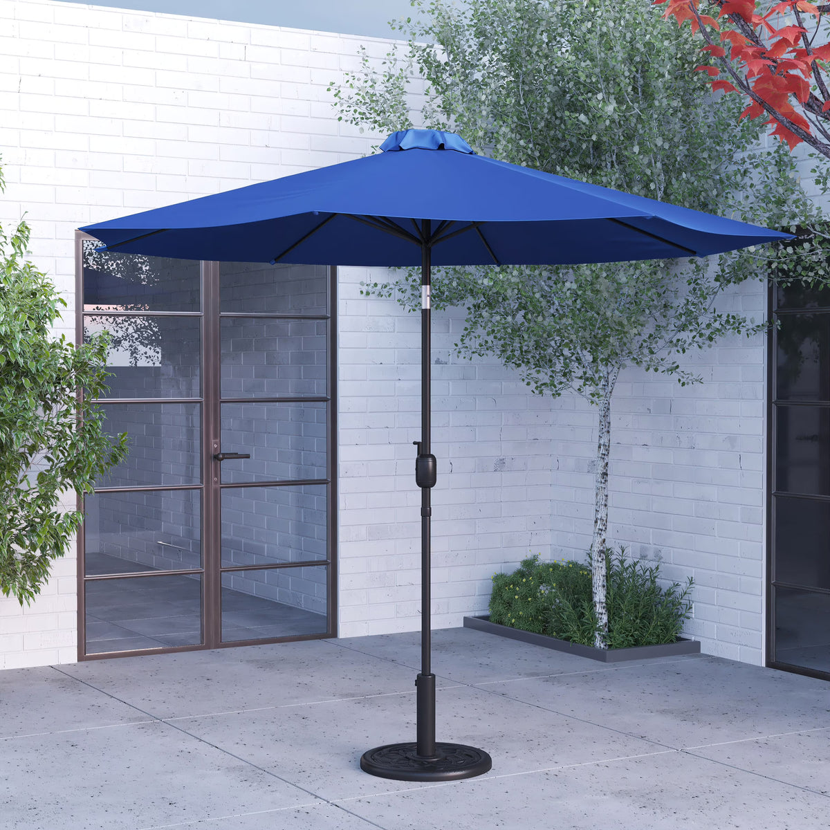 Merrick Lane Patio Umbrella with Base - 9' Tan Polyester Patio Umbrella - 30+ UV Protection - Waterproof Black Cement Base with 1.5" Diameter Aluminum Pole