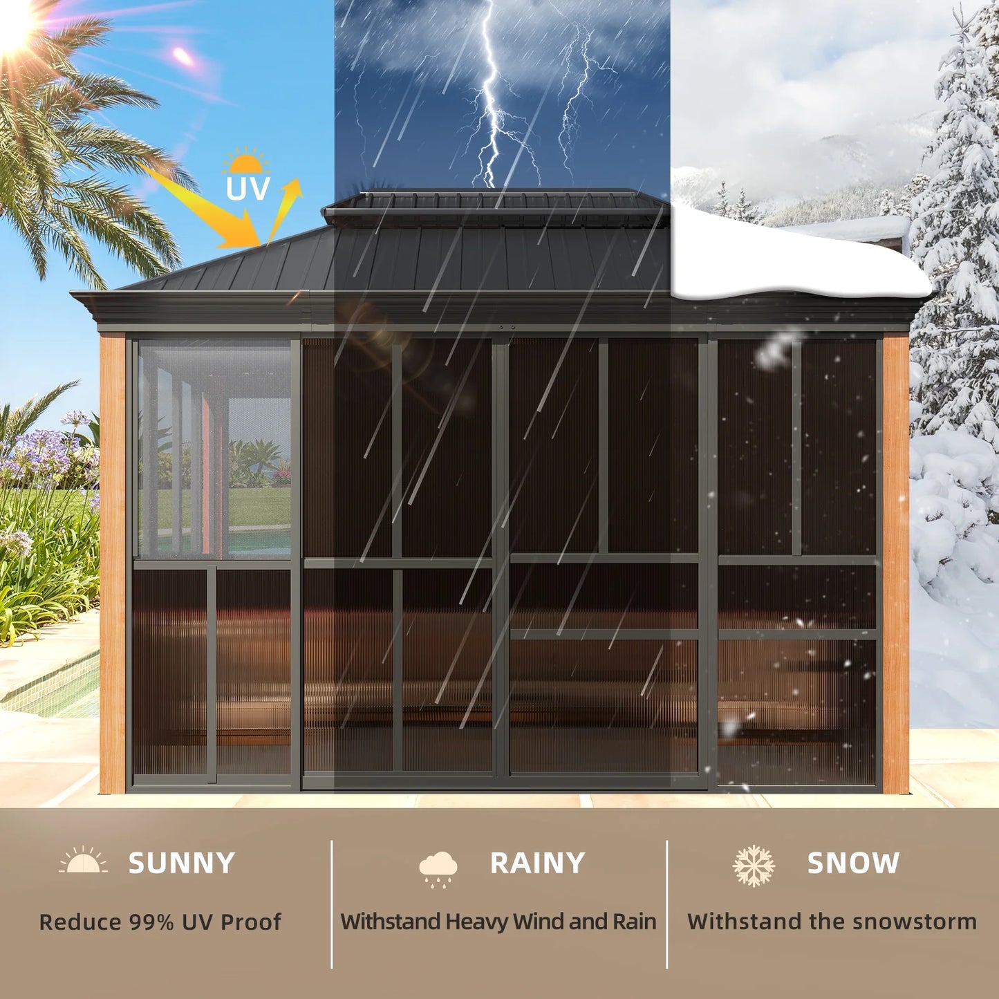 EROMMY 10'x 12' Sunroom, with Front Door, Side Entrance, Galvanized Steel Double Top, Wood Grain Appearance, Aluminum Alloy Frame, Solarium Backyard Sun Room