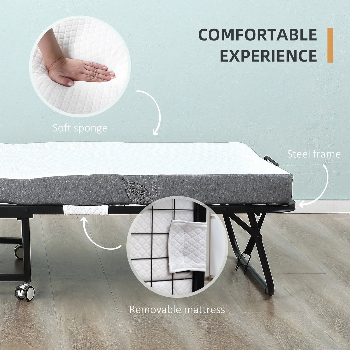 HOMCOM Folding Bed with 4" Mattress, Portable Foldable Guest Bed with Wheels