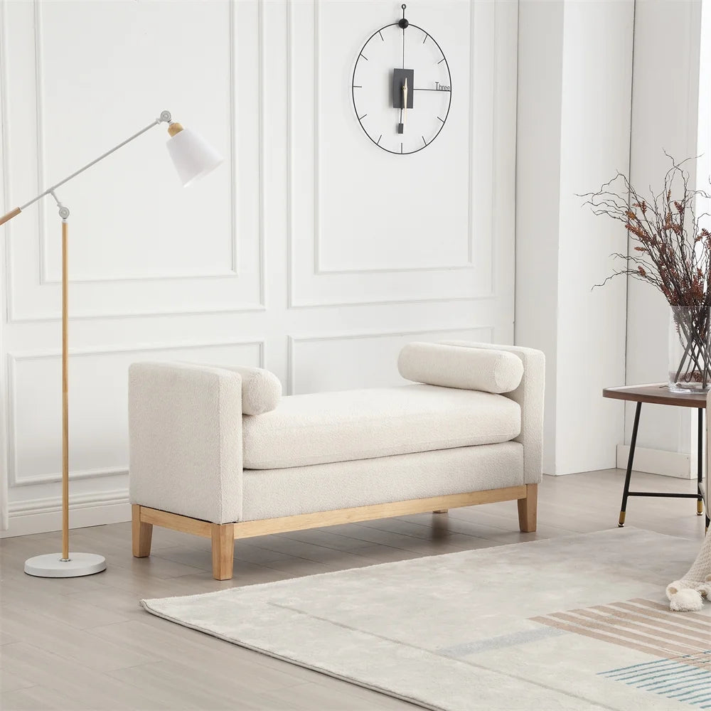 53.5"W Elegant Upholstered Bench with Wood Legs & Round Pillows,Comfy Boucle Fabric Footrest with Arms, Entryway Bench for End of Bed, Bedroom and Living Room, Ivory