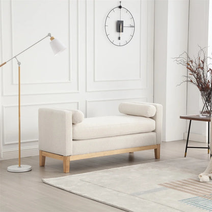 53.5"W Elegant Upholstered Bench with Wood Legs & Round Pillows,Comfy Boucle Fabric Footrest with Arms, Entryway Bench for End of Bed, Bedroom and Living Room, Ivory