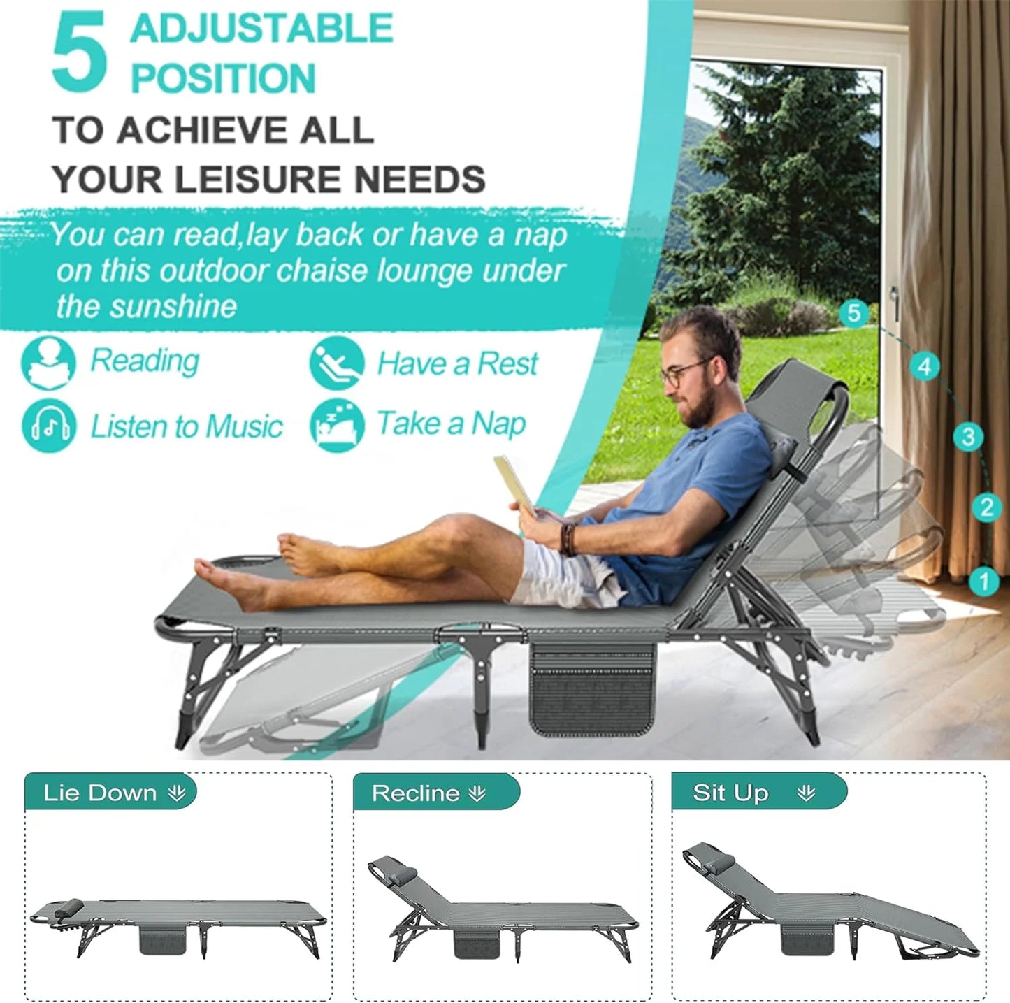 Slsy Folding Lounge Chair, 5-Position Adjustable Outdoor Reclining Chair, Folding Sleeping Bed Cot, Folding Chaise Lounge Chair for Pool Beach Patio Sunbathing