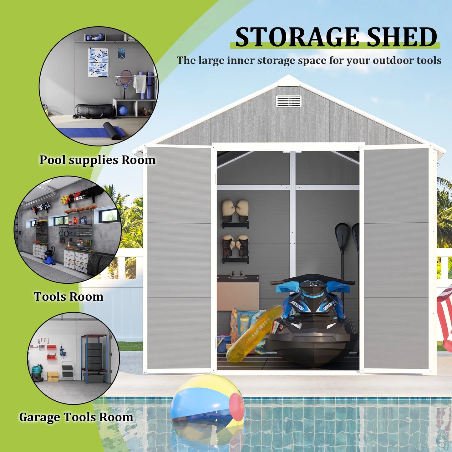 Seizeen Shed and Outdoor Storage, 41 Cu.Ft Small Outdoor Resin Shed with 3 Doors & Floor, 306GAL Deck Box Waterproof Plastic Tool Storage Shed for Cushion Lawn Mower Garbage Cans
