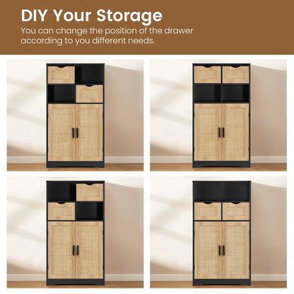 FANGSUM Rattan Storage Cabinet with 2 Drawers & 2 Shelves, Floor Cabinet for Living Room