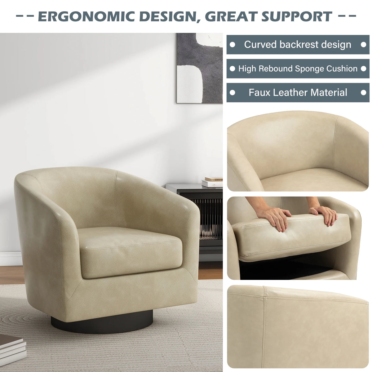UIXE Swivel Accent Chair, Upholstered Fabric Barrel Chair for Living Room, Small Single Sofa Bedroom Reading Seat, Light Gray