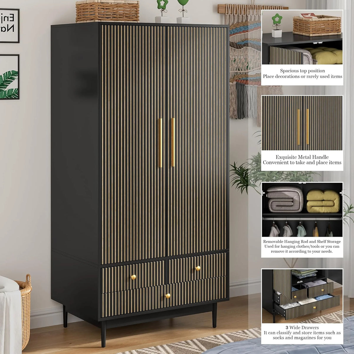 Oubayajia Wardrobe Armoire Closet, 2 Fluted Doors Wardrobe Cabinet with 3-Drawer and Hanging Rod, Wood Wardrobe Storage for Bedroom