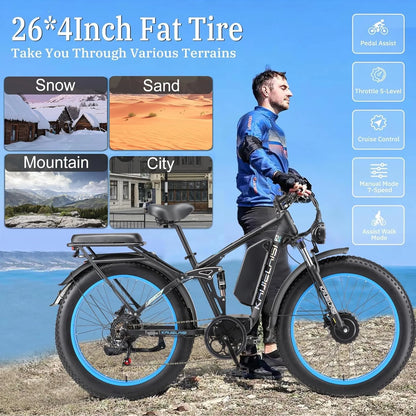 KAIJIELAISI Electric Bike for Adults,AWD Ebikes Dual Motor Peak 6000W, 26'' Fat Tire bikes with 52V 26AH Battery Hydraulic Brake Electric Bicycle, 7 Speed Mountain EBike UL 2849.