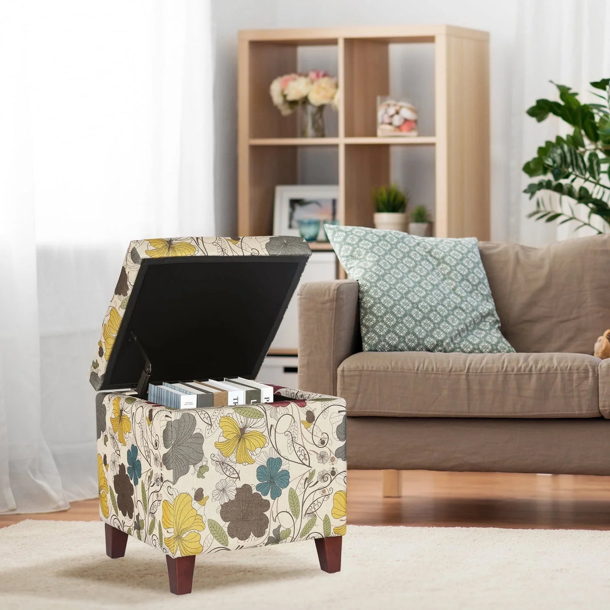 Homebeez Printed Linen Cube Storage Ottoman with Solid Wood Legs, Cube Footstool, Storage Cabinet, 18" H Weight Capacity 300LB Blue