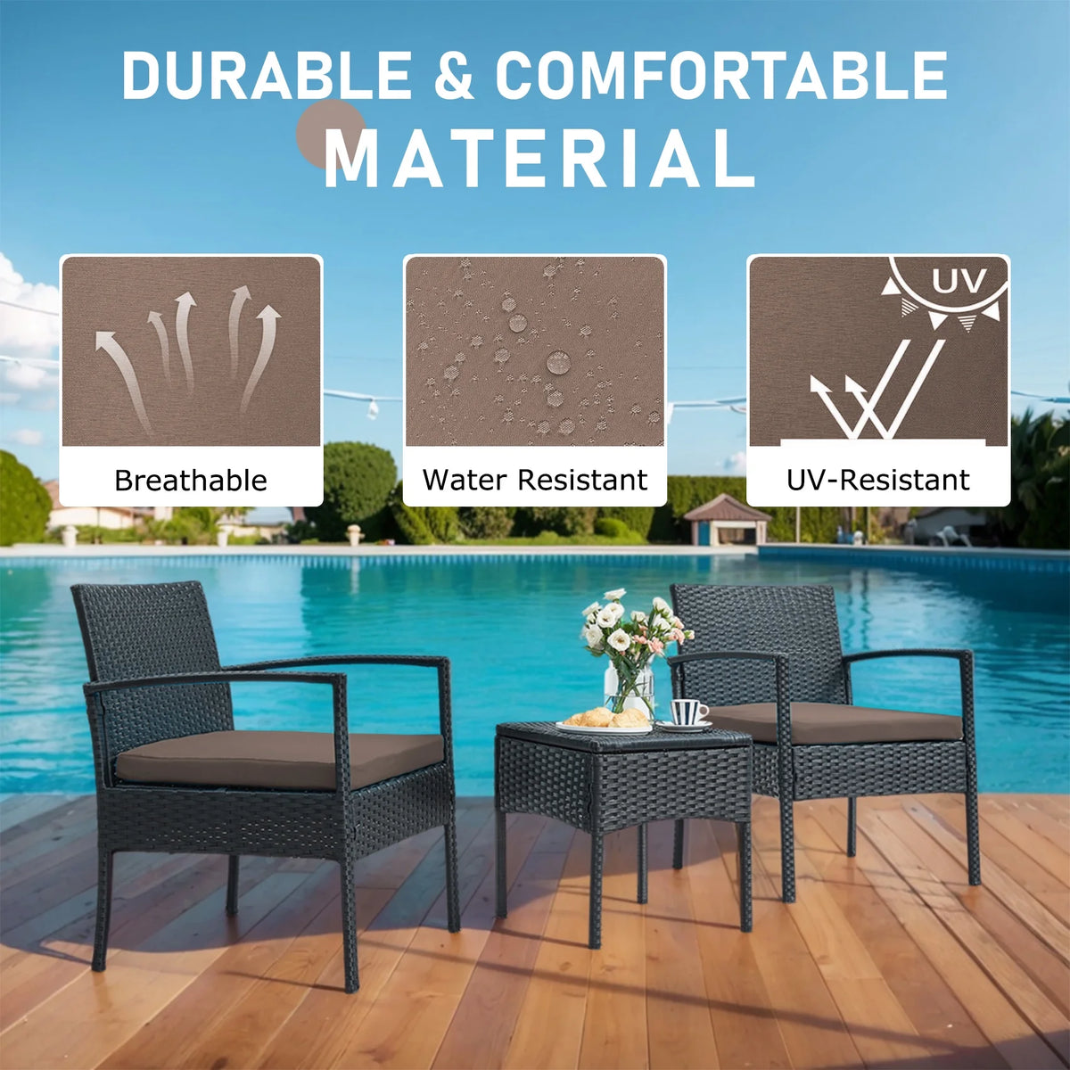 Tappio Outdoor Furniture 3 Piece Patio Bistro Furniture Set, Rattan Conversation Chairs Set with Side Table and Cushions, Patio Furniture Sets for Balcony Garden Porch, Red