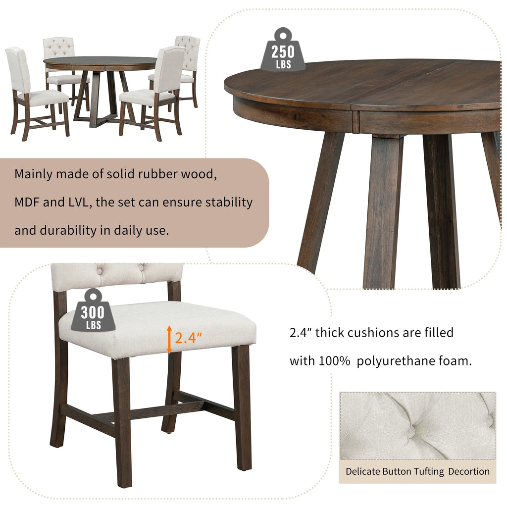 Harper & Bright Designs Round Extendable Dining Table Set for 4, 5 Piece Farmhouse Wood Dining Table Set with 4 Upholstered Dining Chairs, Natural Wood Wash