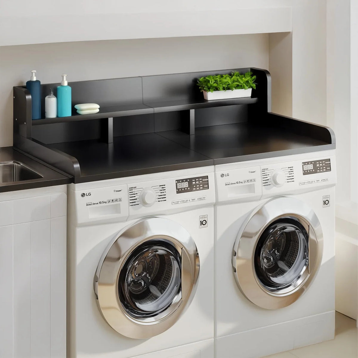 Wood 2-Tier Washer Dryer Countertop with Edge Rails, 54" W x 27.5" D Washer and Dryer Topper for Laundry Room Organization and Storage, Walnut