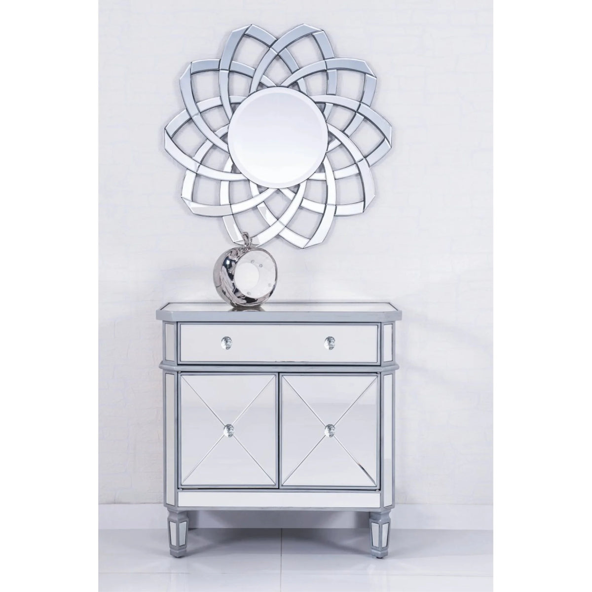 Elegant Lighting Side Cabinet Contemporary Silver Clear Brushed Steel Mirror Solid Wood Mirrors