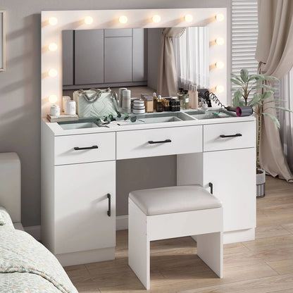Ktaxon Large Makeup Vanity, Vanity Table Set w/ Visible Glass Top w/ Charging Station, White
