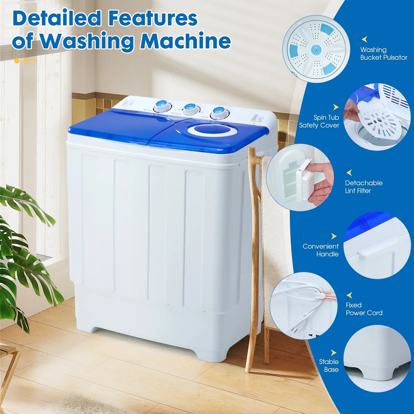 Artbros 28lbs Portable Twin Tub Washing Machine with Drain Pump, Compact Laundry Washer for Apartments, Dorms, Blue