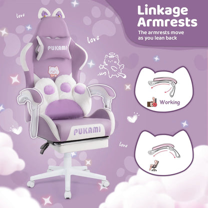 Waleaf Pink Gaming Chair with Cat Paw Lumbar Cushion and Cat Ears for Girls, Reclining Office Computer Chair with Footrest for Adults, Teens
