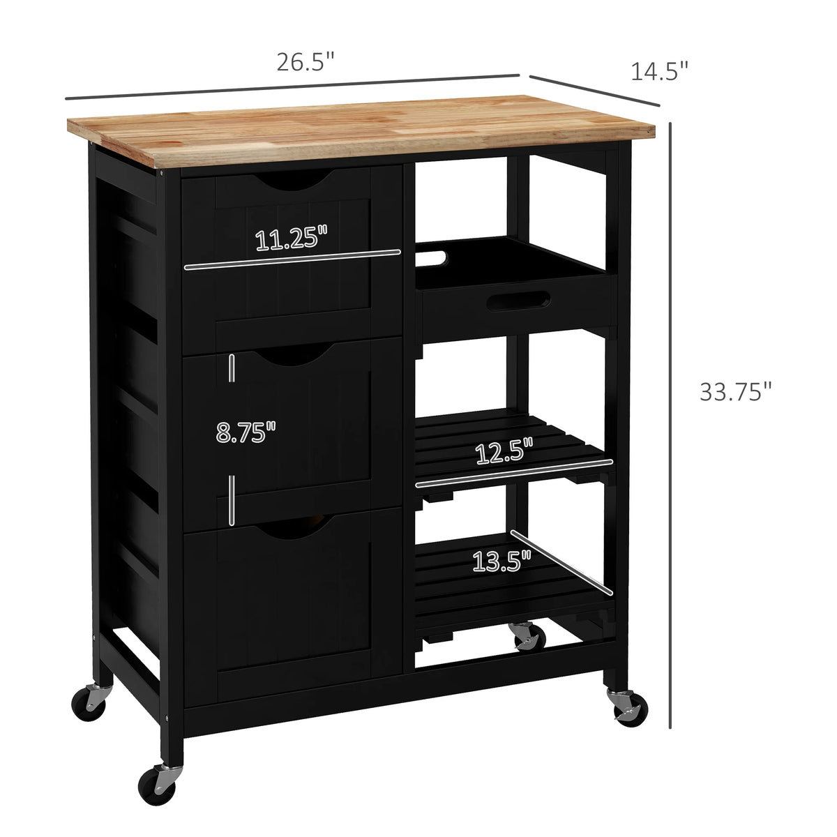 HOMCOM Rolling Kitchen Island Cart, Bar Serving Cart, Compact Trolley on Wheels with Wood Top, Shelves & Drawers for Home Dining Area, Grey