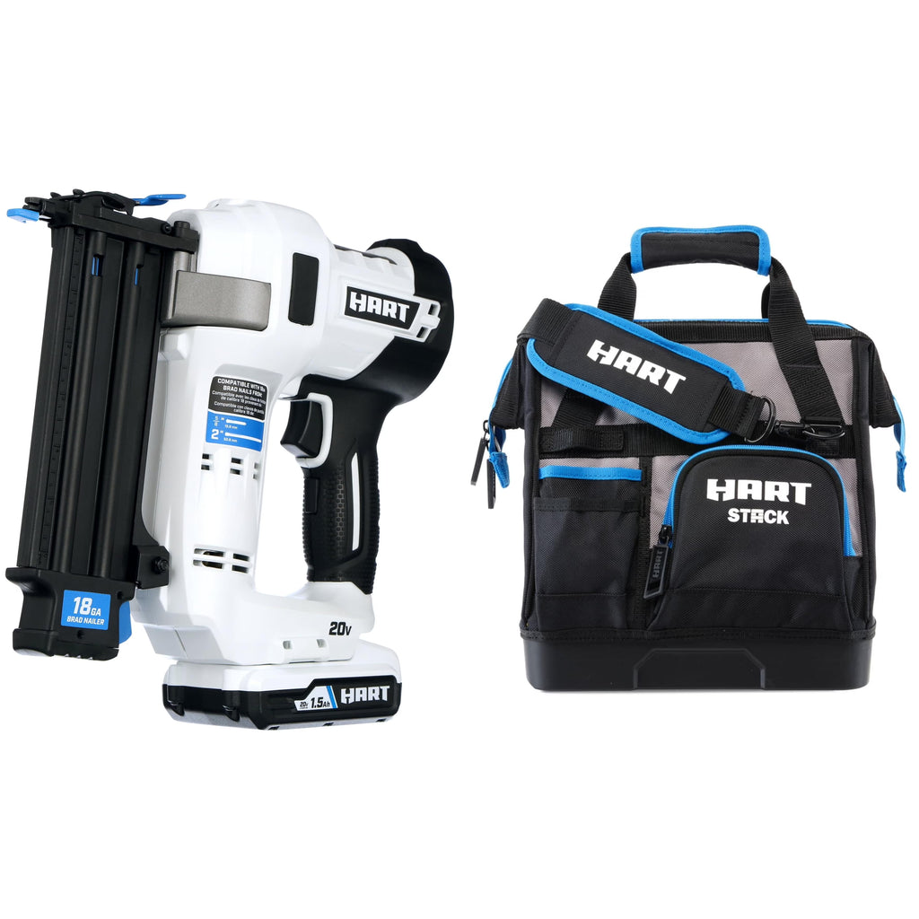 HART 20 Volt 18-Gauge 2-inch Brad Nailer Kit and Stack 12-inch Tool Bag (1) and 20 Volt 1.5Ah Battery