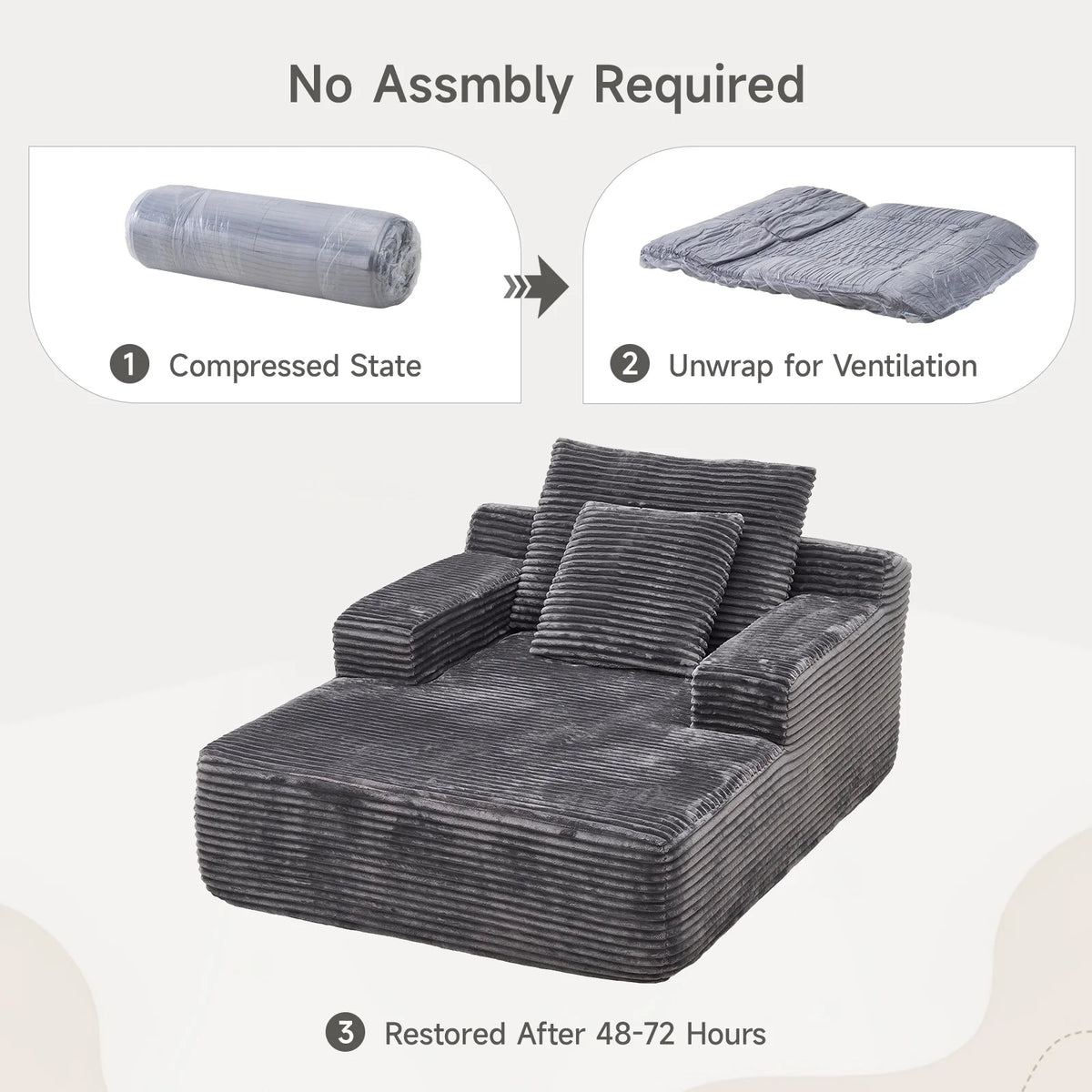 65" Corduroy Cloud Sleeper Chaise Lounge Chair, No Assembly Sofa Bed with Pillows, Beige