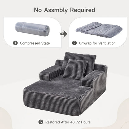 65" Corduroy Cloud Sleeper Chaise Lounge Chair, No Assembly Sofa Bed with Pillows, Beige