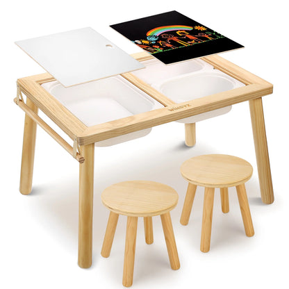 Sweet Time Toddler Sensory Table Chairs, Wood Kids Activity Table with Storage Play Study Furniture