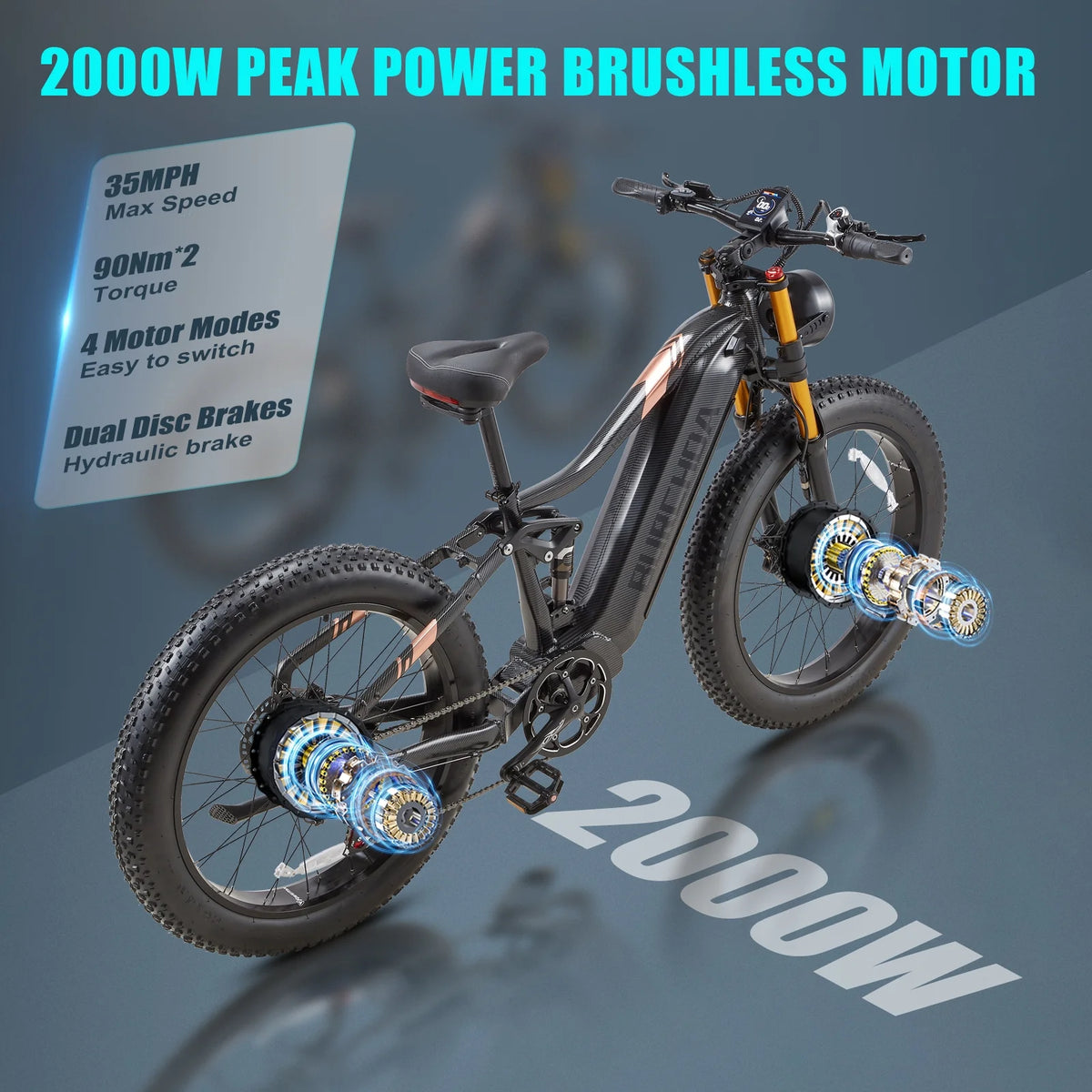 Dual Motors AWD 2000W Electric Bike for Adult 26'' UL2849 48V 30AH E-mountain bike 4.0 Fat Tire up to 35MPH&120Miles Long Range Off-road Ebike Dual Hydraulic Disc Brakes&Ful Suspension Electric Bicyc