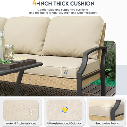 AECOJOY Patio Furniture Sets On Sale,Metal Outdoor Furniture Sets Clearance,Wicker Rattan Patio Conversation Sets For Porch, Garden and Backyard,Beige