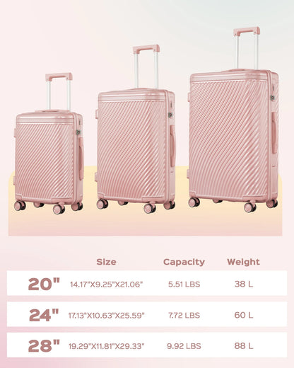 3 Piece Luggage Sets Hard Shell Suitcase Set with Spinner Wheels for Travel Trips Business 20" 24" 28", Rose Gold