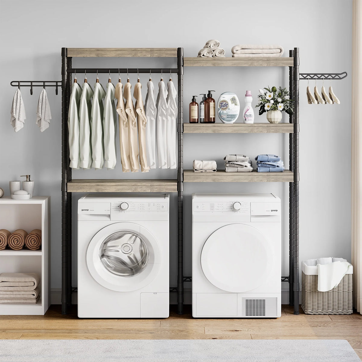 5 Tier Wood Over The Washer and Dryer Storage Shelf with Drying Clothes Racks Laundry Room Shelf Laundry Room Organization and Storage for Hanging Towels and Drying Clothes