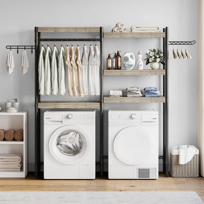 5 Tier Wood Over The Washer and Dryer Storage Shelf with Drying Clothes Racks Laundry Room Shelf Laundry Room Organization and Storage for Hanging Towels and Drying Clothes
