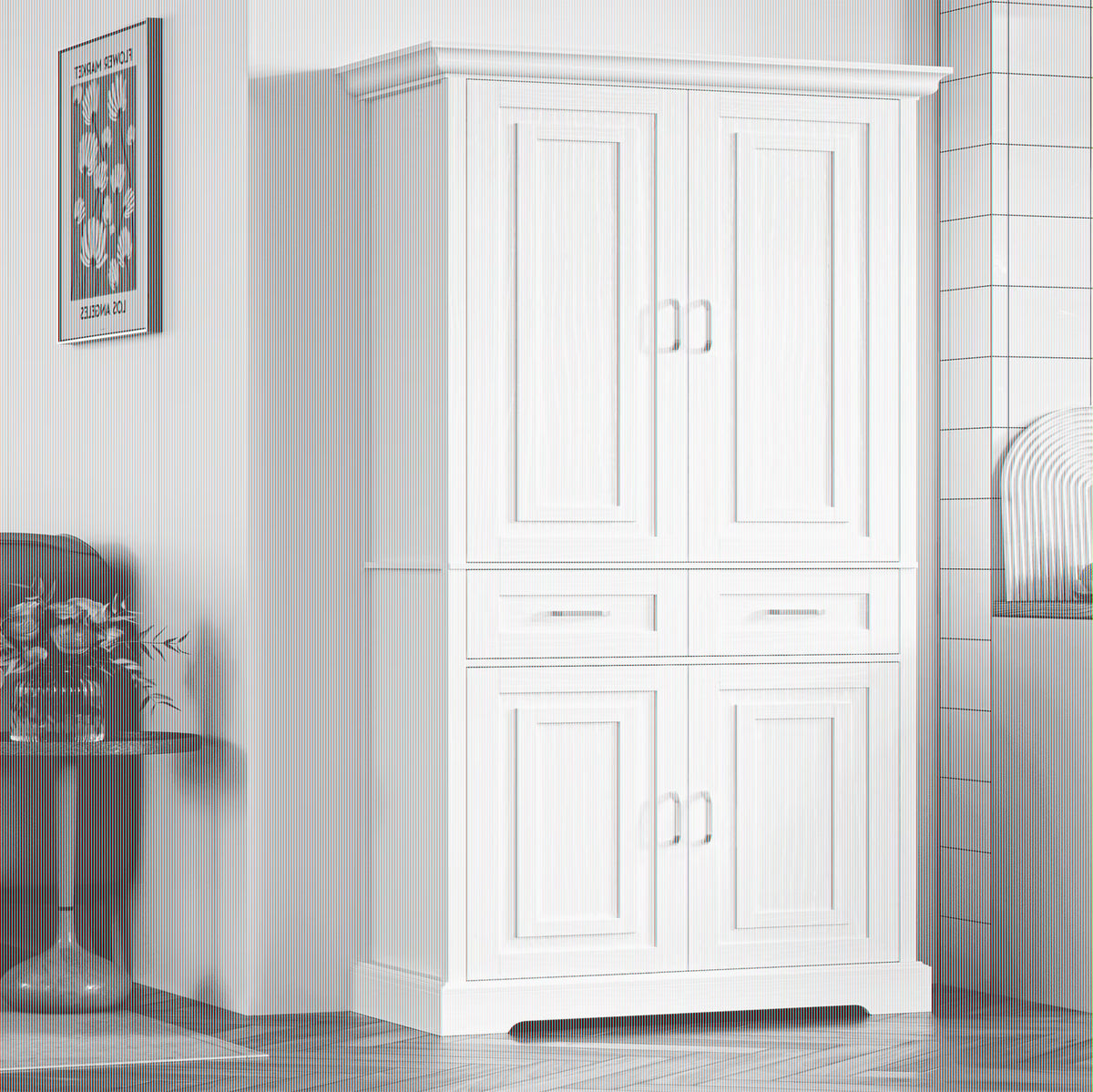Homfa 70.9'' Tall Kitchen Pantry with 4 Doors, 2 Drawer Modern Freestanding Storage Cabinet for Dining Room Living Room, White