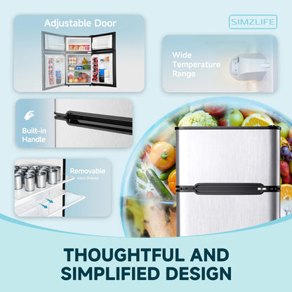 Simzlife 3.2 Cu ft Two Door Mini Refrigerator with Freezer, Compact Small Fridge Adjustable Removable Shelves, Sliver
