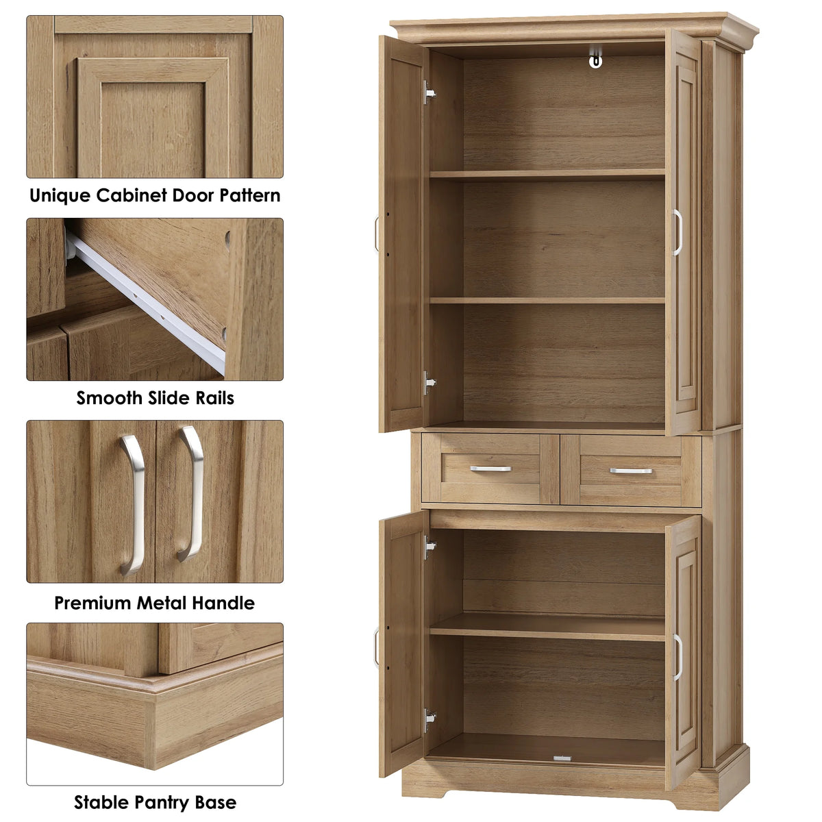 Homfa 70.9'' Tall Kitchen Pantry with 4 Doors, 2 Drawer Modern Freestanding Storage Cabinet for Dining Room Living Room, White