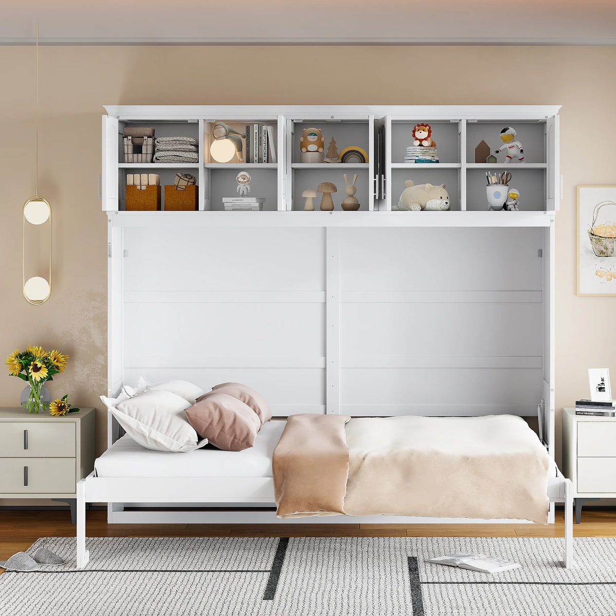 Newest Queen Size Murphy Bed Wall Bed with Top Cabinets,Gray