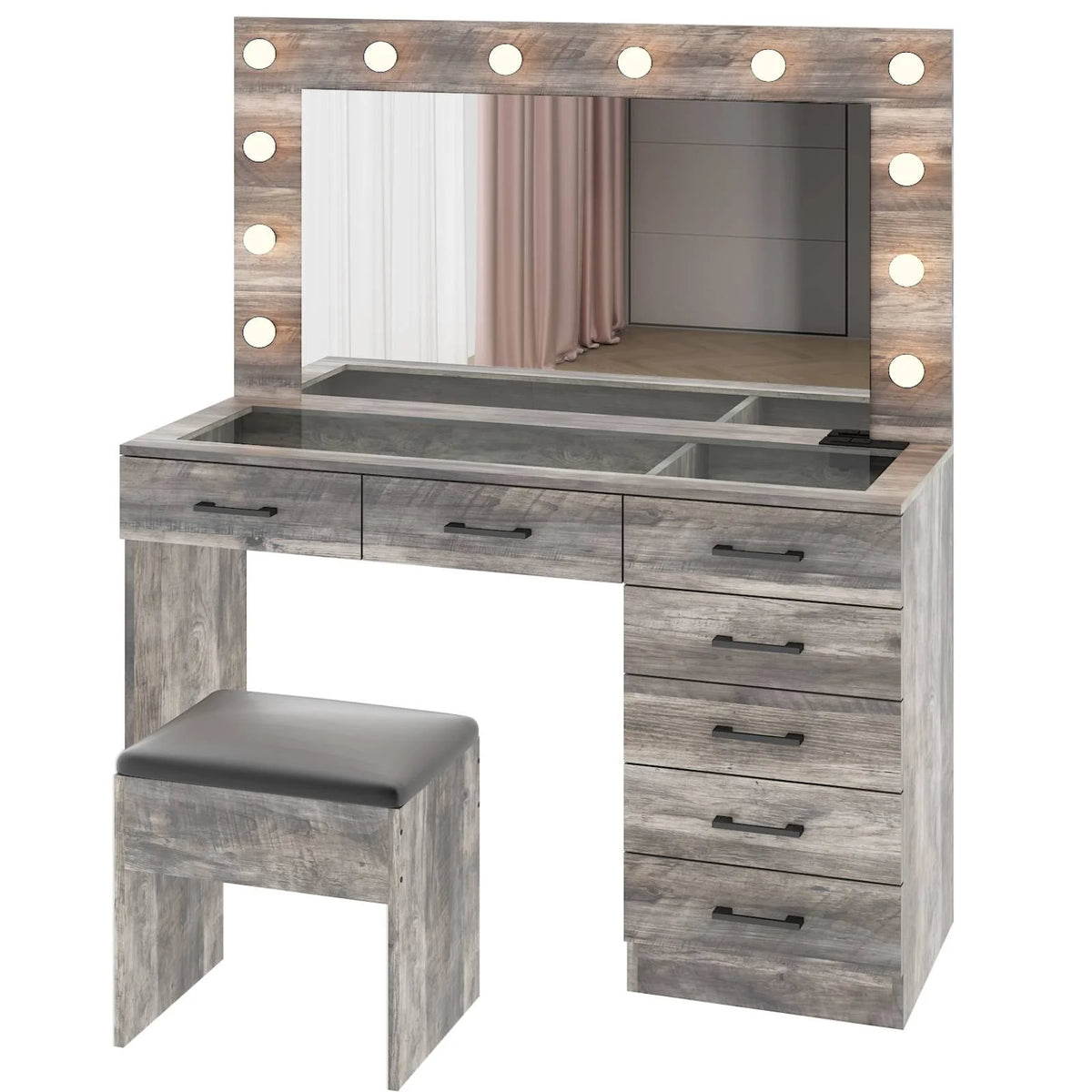 Ktaxon Large Makeup Vanity, Vanity Table Set w/ Visible Glass Top w/ Charging Station, White
