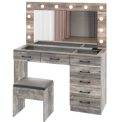 Ktaxon Large Makeup Vanity, Vanity Table Set w/ Visible Glass Top w/ Charging Station, White