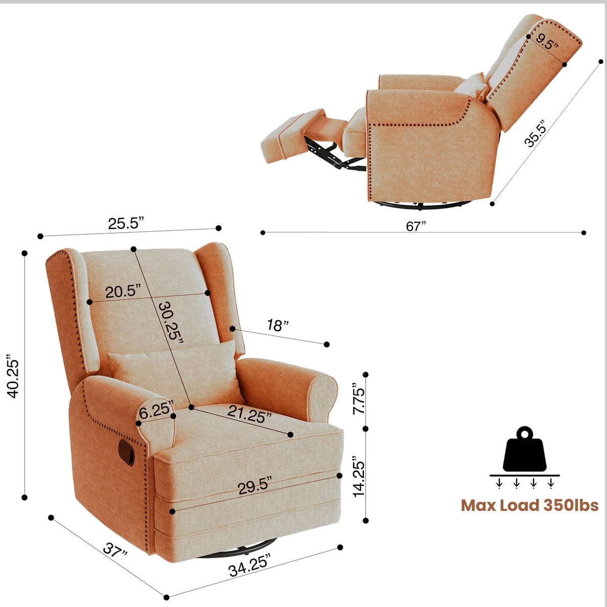 Royalcraft Swivel Nursery Glider Recliner, Comfy Upholstered Glider Chair with Lumbar Pillow and Footrest, Beige