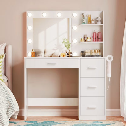 Lacoo Vanity Desk with Mirror and LED Lights, Makeup Vanity with 7 Drawers & 4 Shelves, Vanity Table with Power Outlet for Bedroom Dressing Room, White