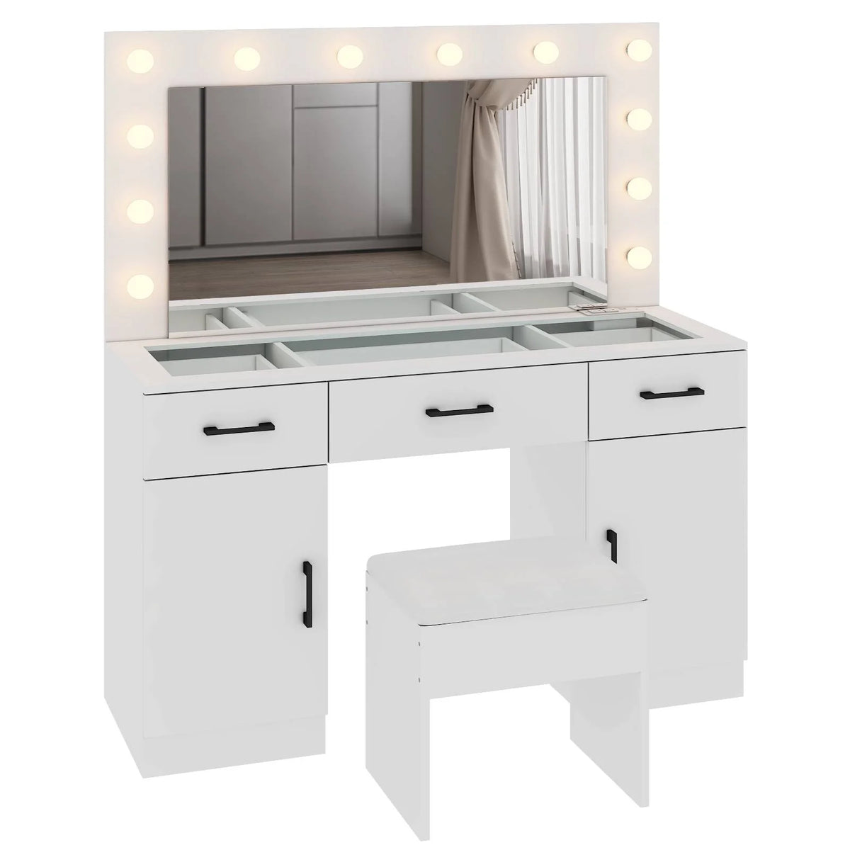Ktaxon Large Makeup Vanity, Vanity Table Set w/ Visible Glass Top w/ Charging Station, White