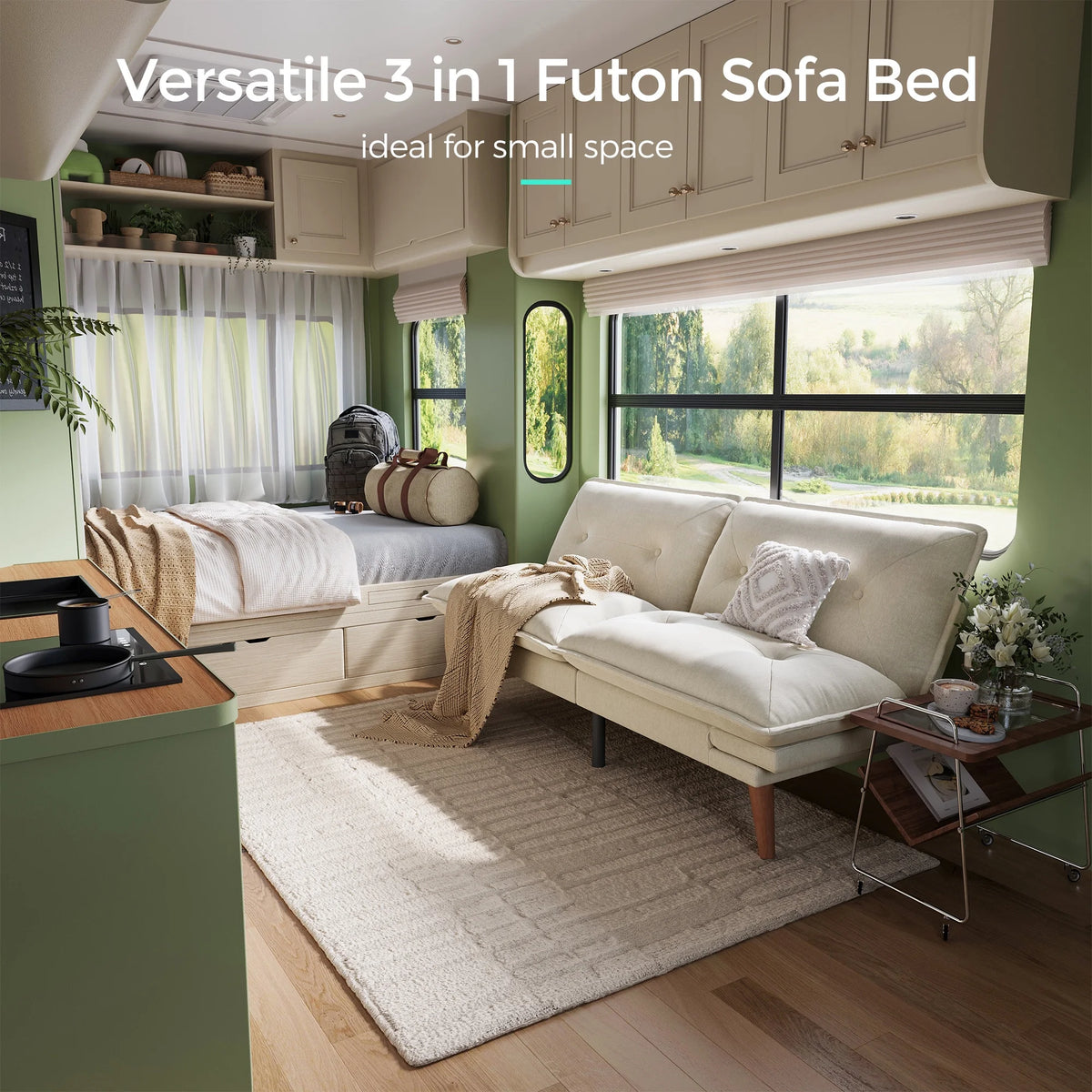 Linsy Home 70" W Chenille Convertible Futon Sofa Bed with Adjustable Armrests, Green