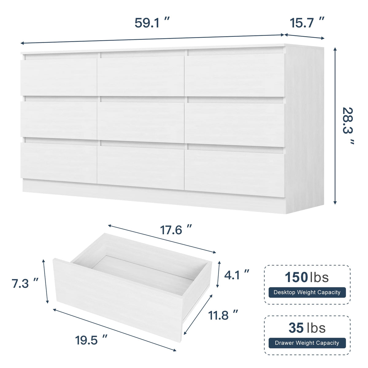 Resenkos Modern Mid Century 6 Drawer Wide Dressers Chests for Bedroom, Chest of Drawer Organizer Grey