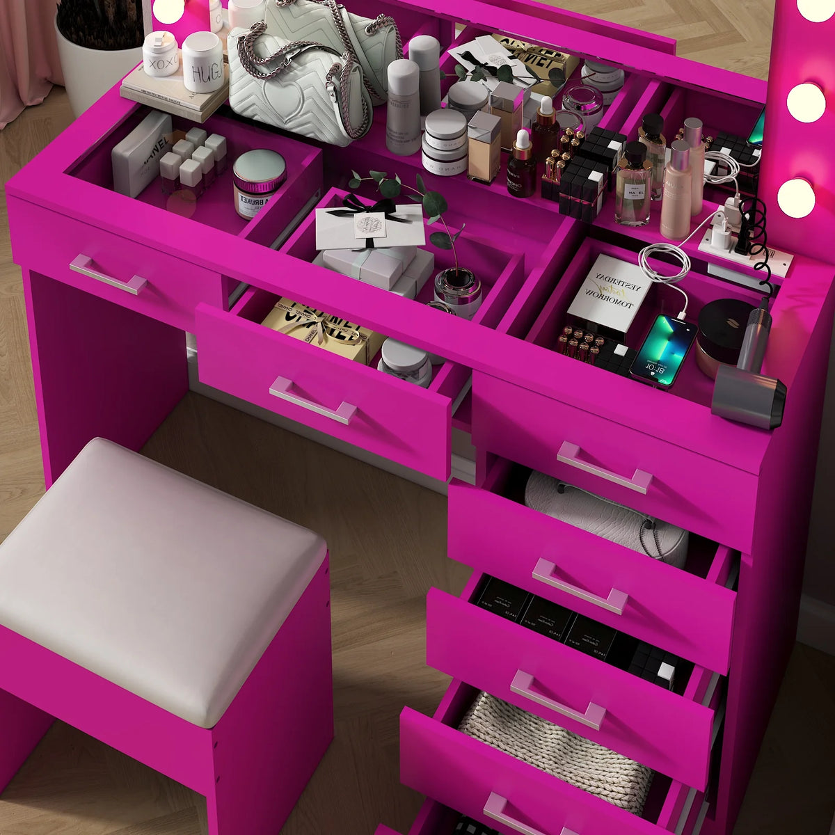 Ktaxon Large Makeup Vanity, Vanity Table Set w/ Visible Glass Top w/ Charging Station, White