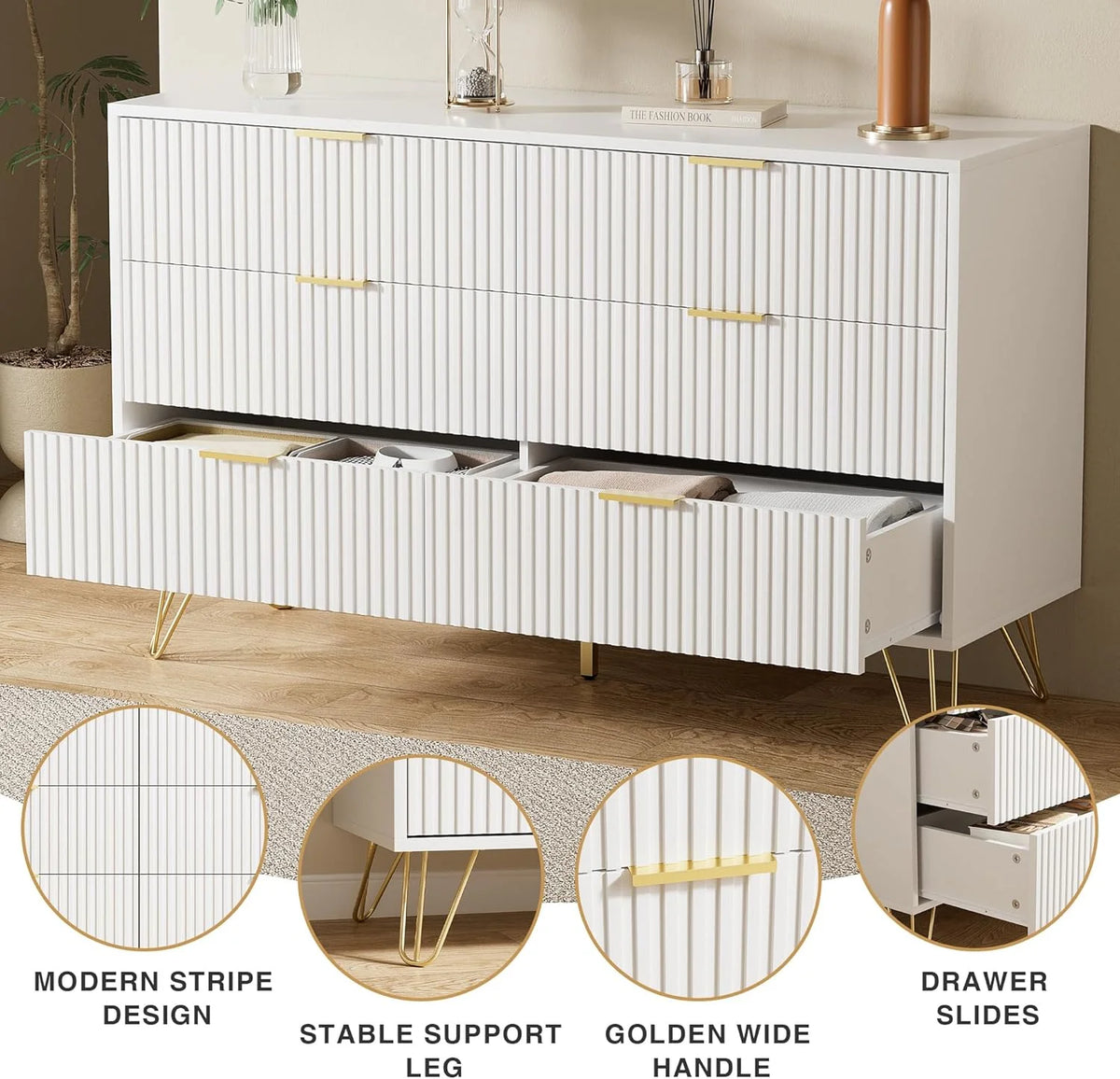 FURNIWAY White 6 Drawer Dresser for Bedroom, Modern Dresser with Gold Metal Handles,Fluted Wood TV Stand for Living Room, Hallway