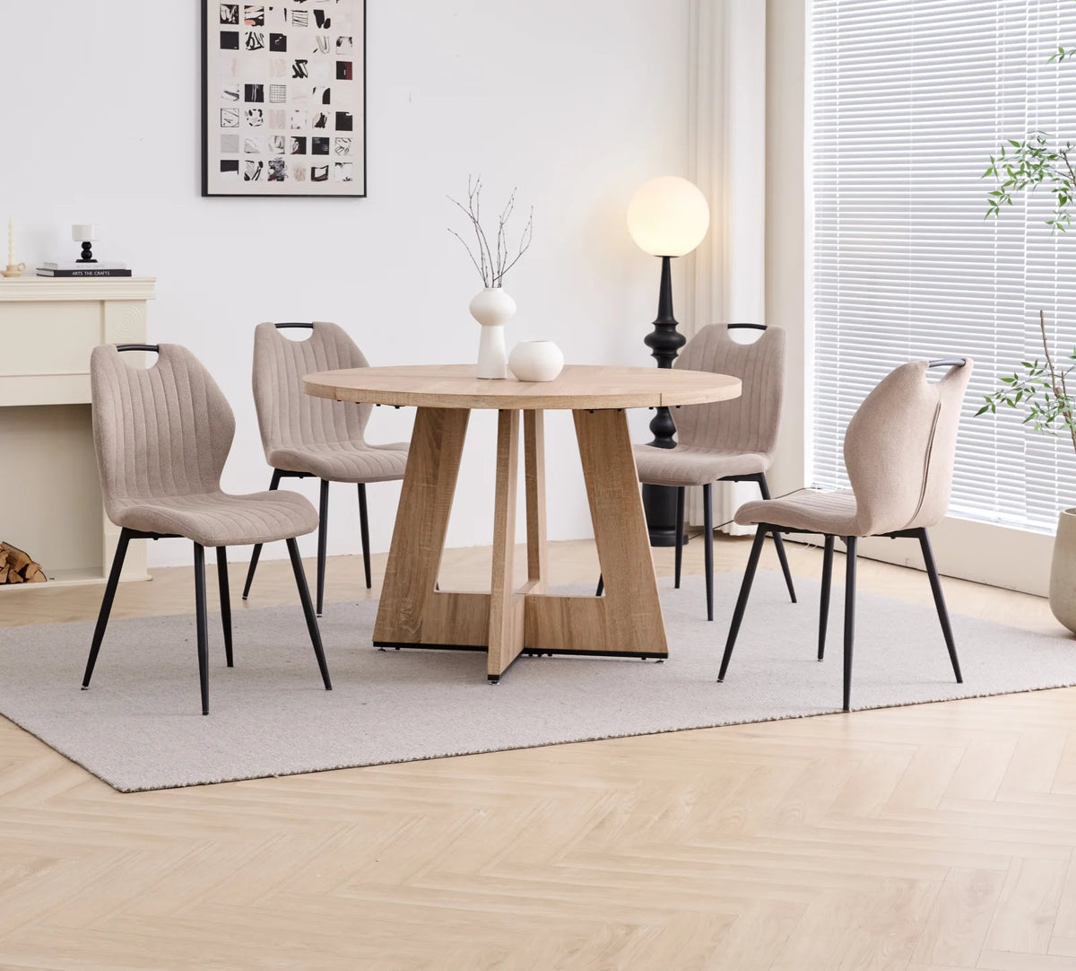 5 Piece 47'' Round Dining Table Chairs Set for 4, Farmhouse Gray Kitchen Table with 4 Boucle Mid Century Modern Dinning Room Chairs, Wood Dinner Table &Upholstered Chair Set of 4, Beige