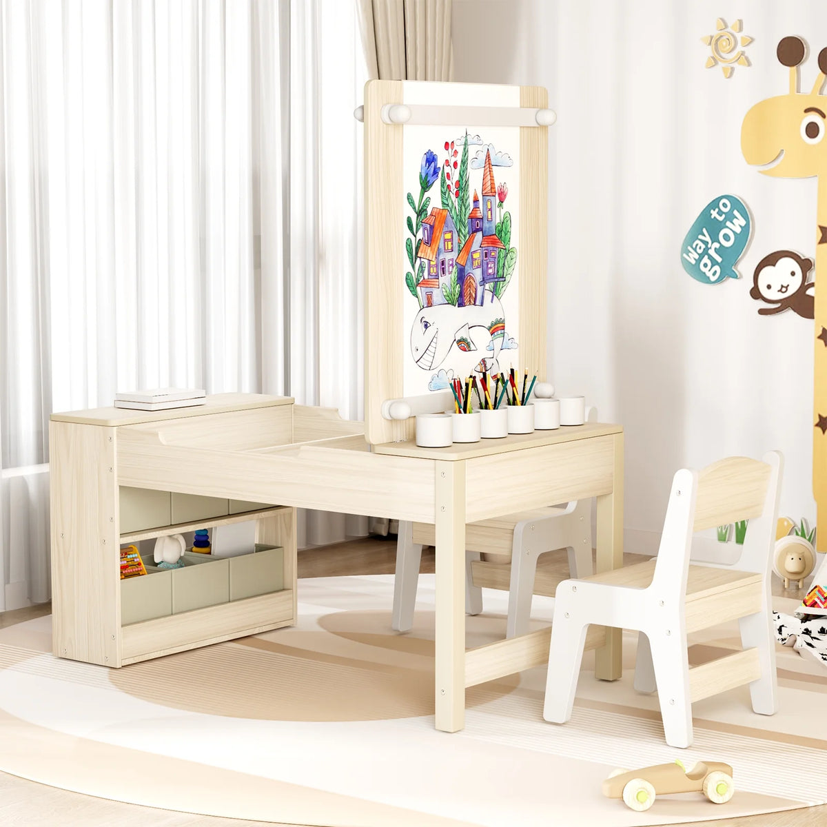 LAZY BUDDY Kids Art Table and 2 Chairs Set, 2 in 1 Easel & Toddler Craft Table and Chairs Set with Storage Bins, Paint Cups and Paper Roll, Activity Table Set for Children 3+