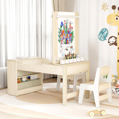LAZY BUDDY Kids Art Table and 2 Chairs Set, 2 in 1 Easel & Toddler Craft Table and Chairs Set with Storage Bins, Paint Cups and Paper Roll, Activity Table Set for Children 3+