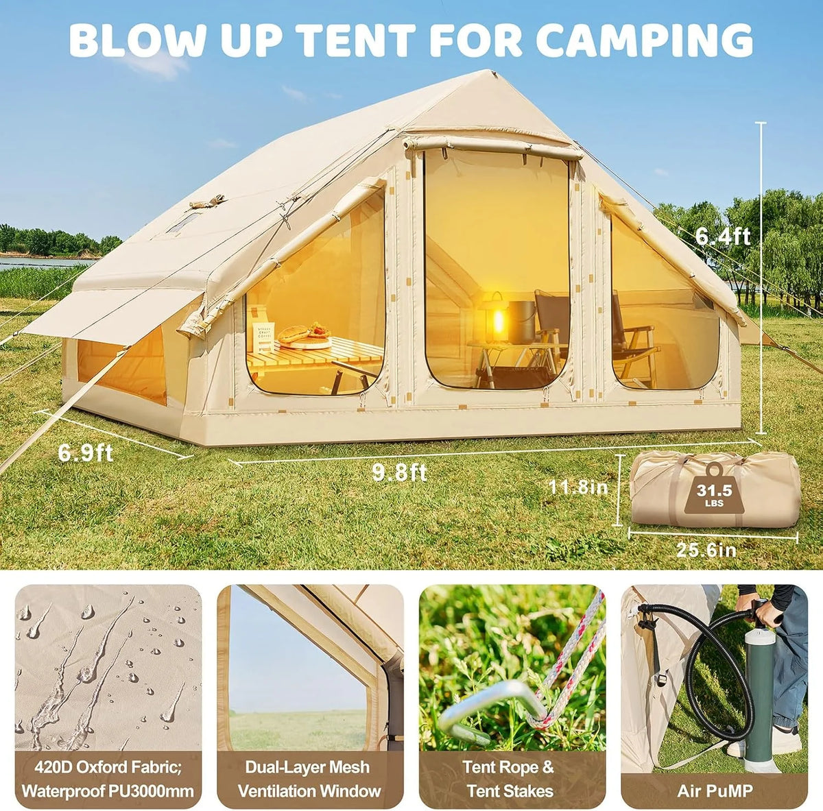 NAIZEA Inflatable Tents for Camping, Blow Up Tent with Hand Pump, Easy Setup Inflatable Hot Tent with Stove Jack, Waterproof Oxford Air Glamping Tents for Camping Adult 4-6 Person